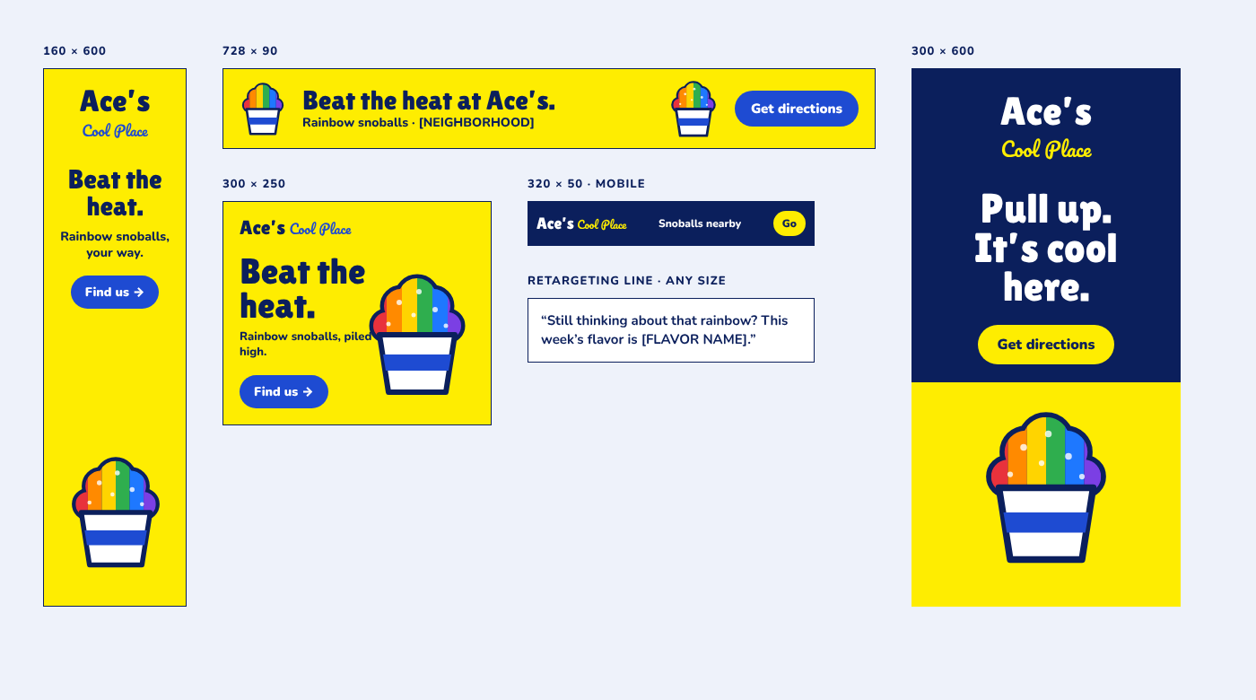 Display ads in 160x600, 728x90, 300x250, 320x50 and 300x600 sizes