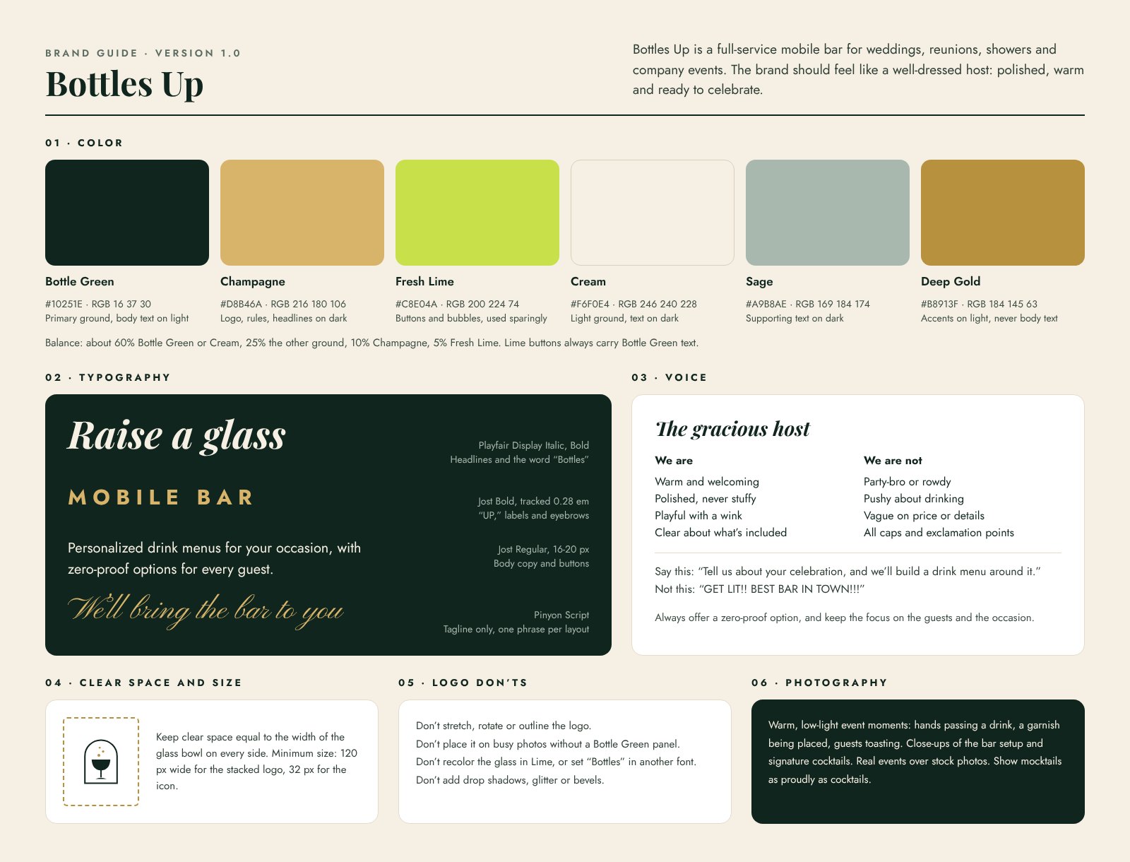 Bottles Up brand guide with color palette, typography, voice, clear space and photography direction