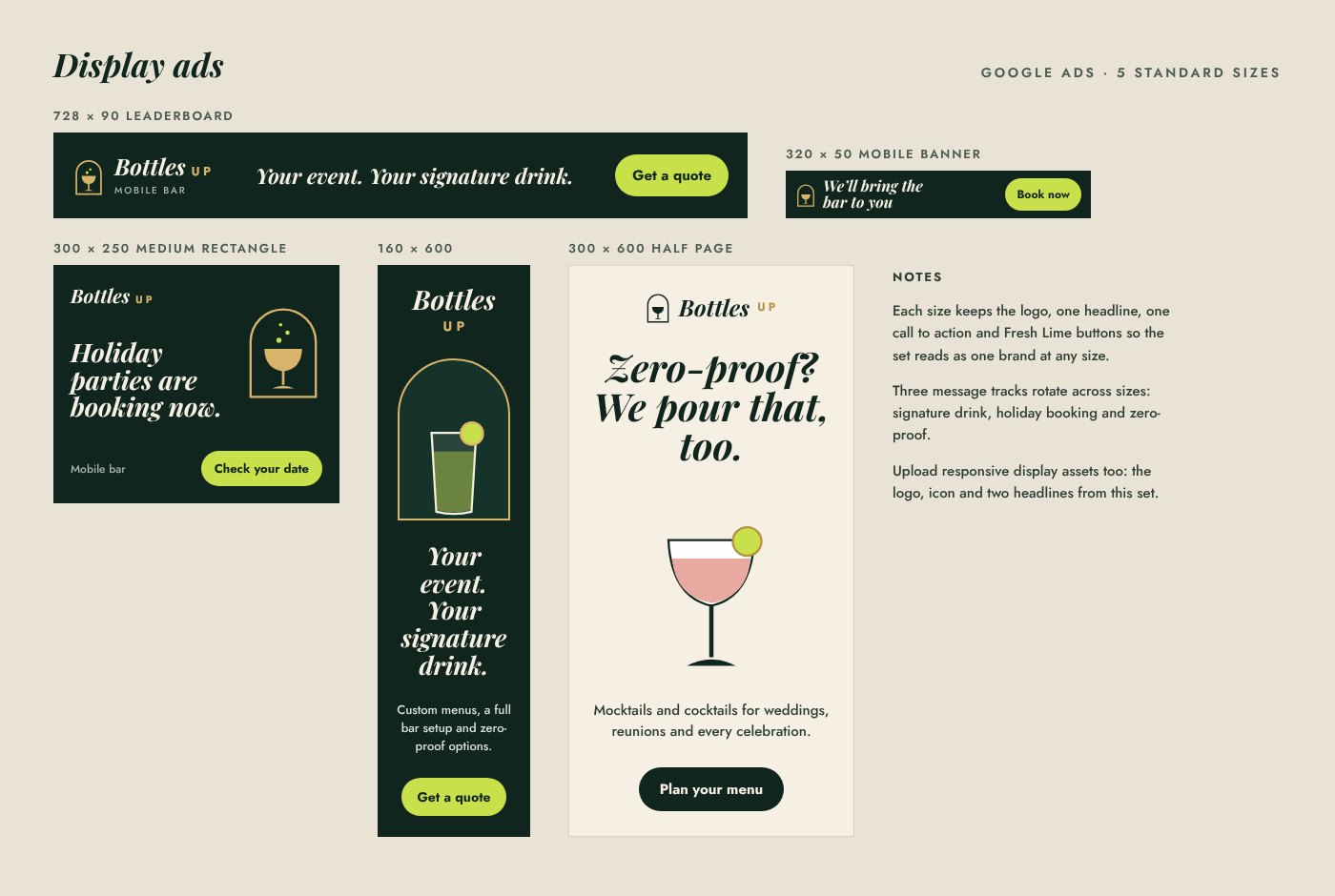 Bottles Up display ads in 728 by 90, 320 by 50, 300 by 250, 160 by 600 and 300 by 600 sizes