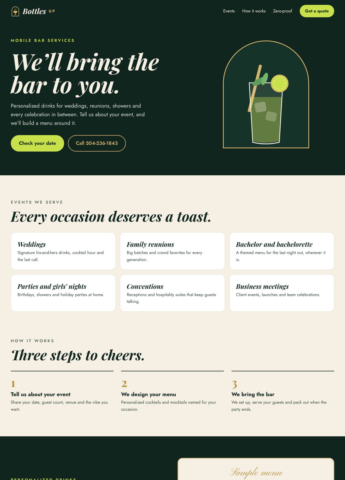 Bottles Up landing page on desktop