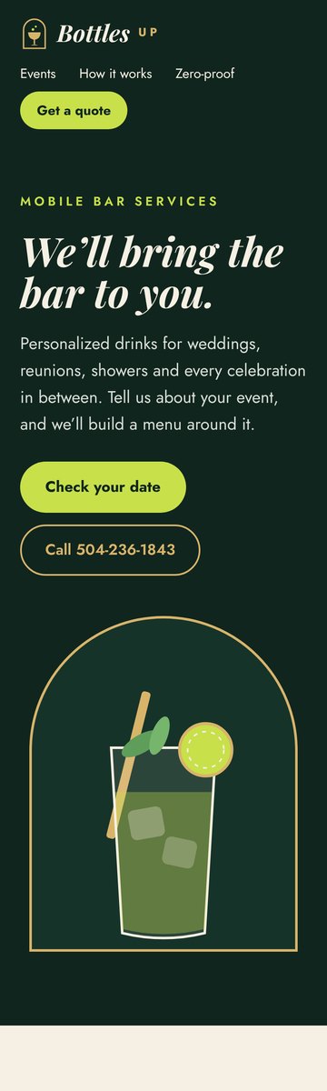 Bottles Up landing page on a phone