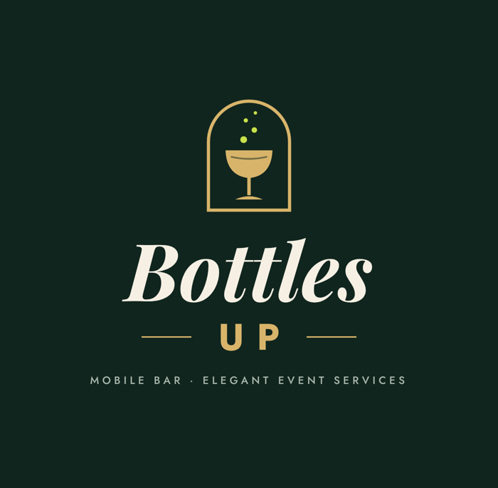 Bottles Up primary logo: a champagne coupe inside an arch above the words Bottles Up
