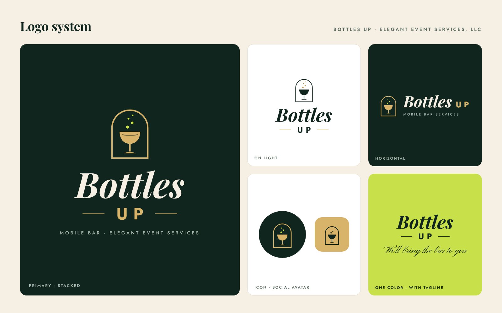 Bottles Up logo system: stacked logo on dark green, logo on light, horizontal lockup, social icons and a one-color version with the tagline